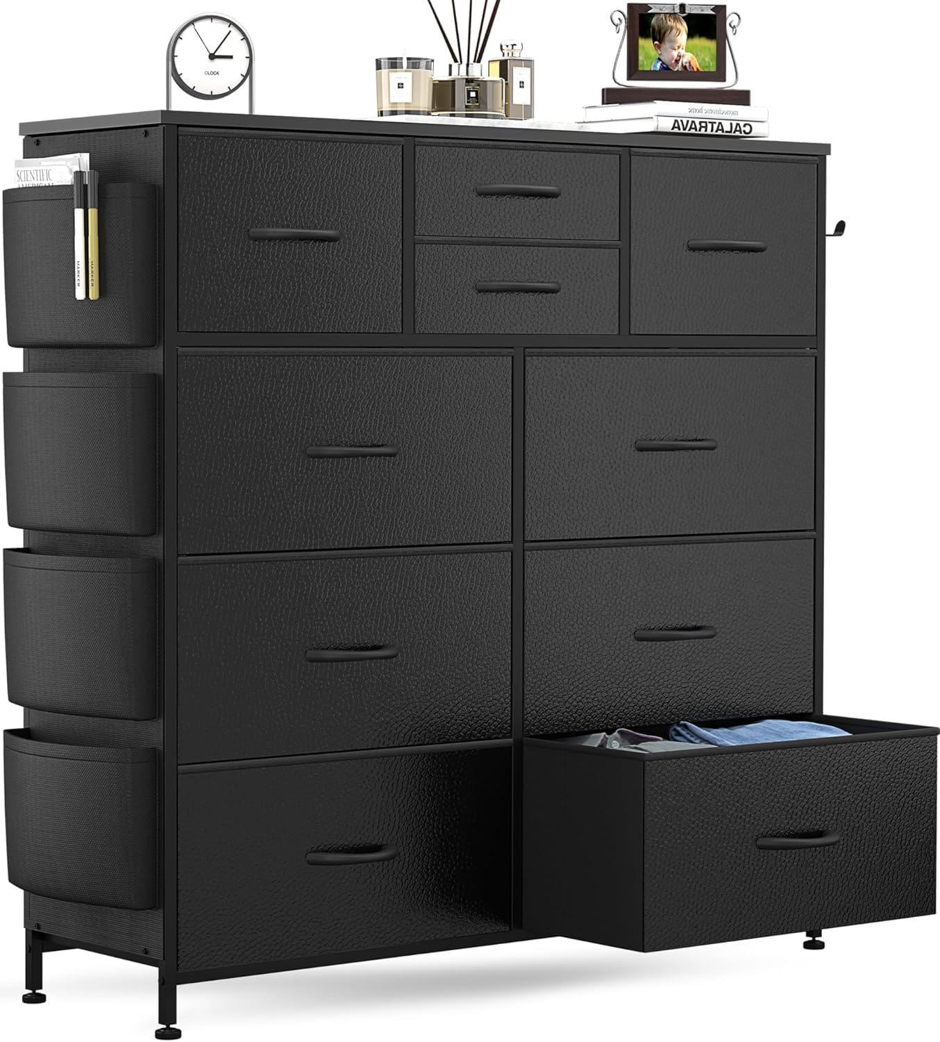 Lulive Dresser For Bedroom With 10 Drawers, Chest Of Drawers With Side Pockets And Hooks, Pu Storage Dresser, Organizer Unit For Living Room, Hallway, Closet (Black)
