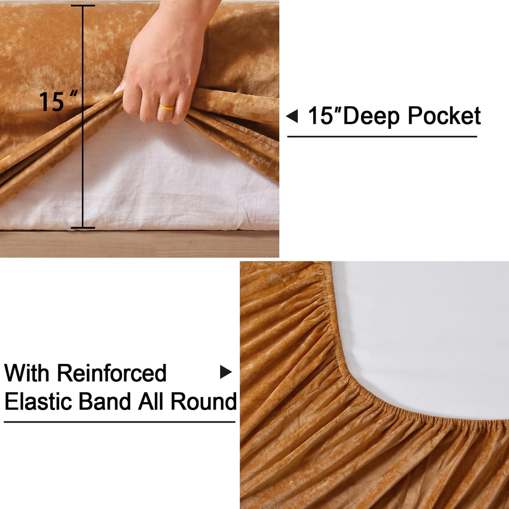 Phf Truly Velvet Fitted Sheet Only Queen Size, Luxury Super Soft Cozy Comfy Fleece Bottom With 15' Deep Pocket, Suitable For Fall Winter And Spring, No Pillowcases, Brown Sugar