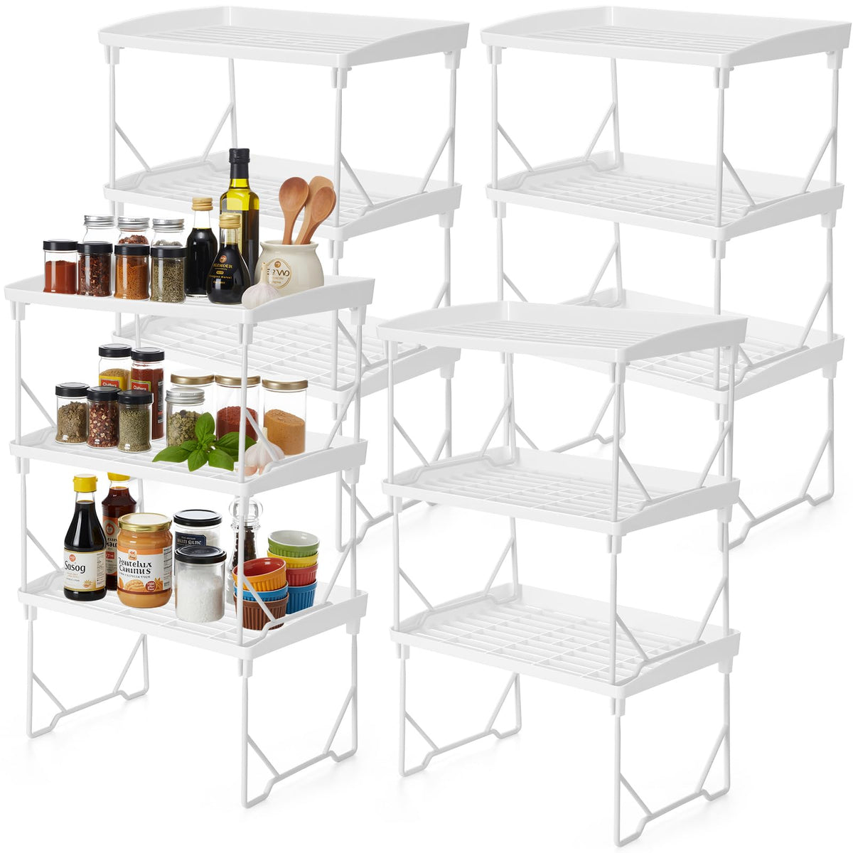 BrightRow 12 Pack White Stackable Plastic Kitchen Storage Shelf Foldable Racks, Pantry Shelf Cabinet Organizers, Expandable Stor