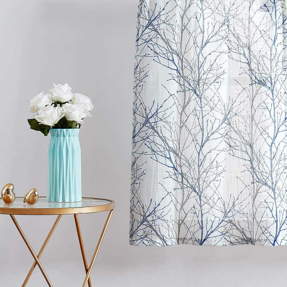 Fmfunctex Blue Kitchen Curtains 36    Grey Tree Print On White Tier Curtain Set For Small Windows Basement Room Bathroom, 2 Pane