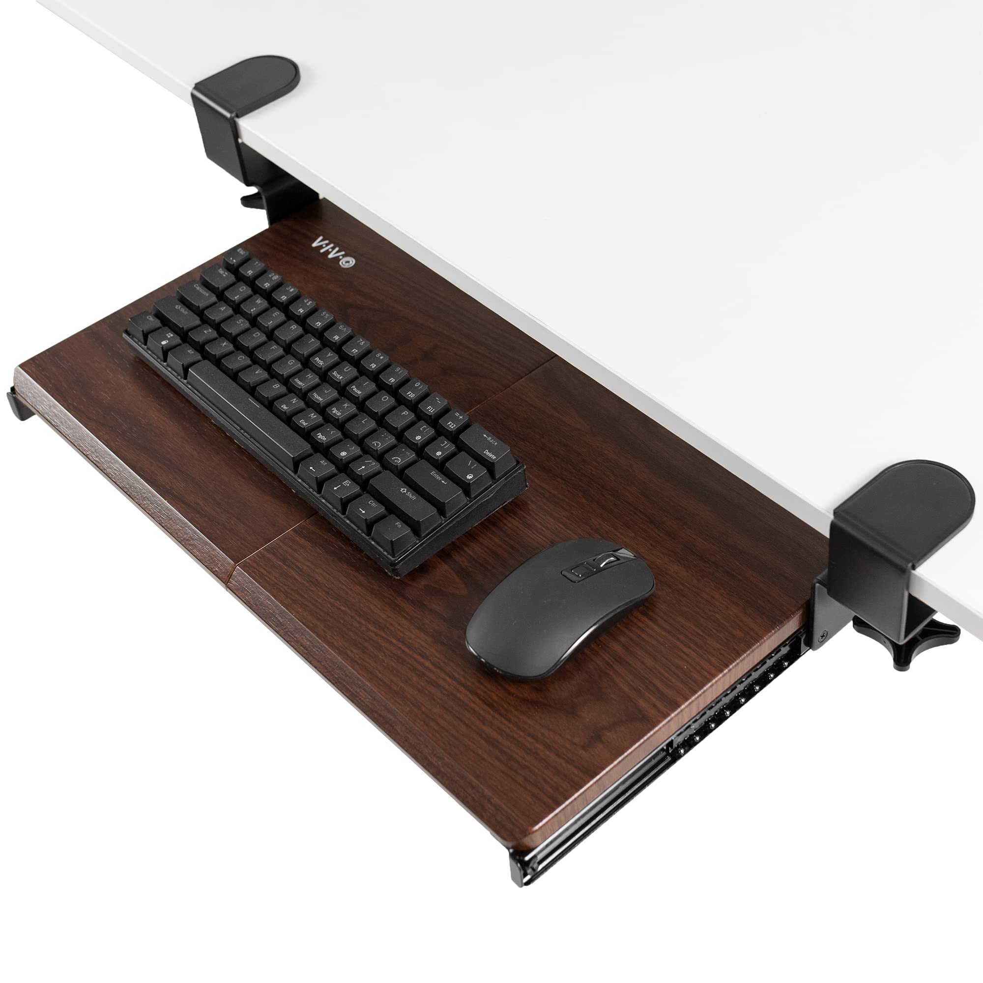 Vivo Small Clamp-On Computer Keyboard And Mouse Under Desk Slider Tray, 20 X 11 Inch Pull Out Platform Drawer, Dark Wood, Mount-