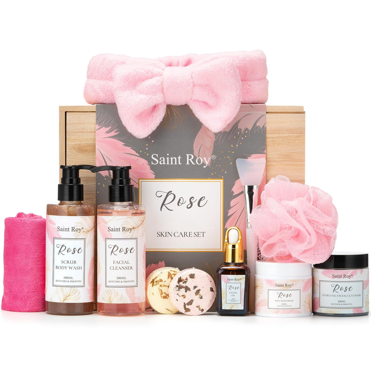 Spa Gifts for Women,10pcs Self Care Kit ROSE Scented with Facial Cleanser, Scrub Body Wash, Facial Clay Mask, Facial, Essential 