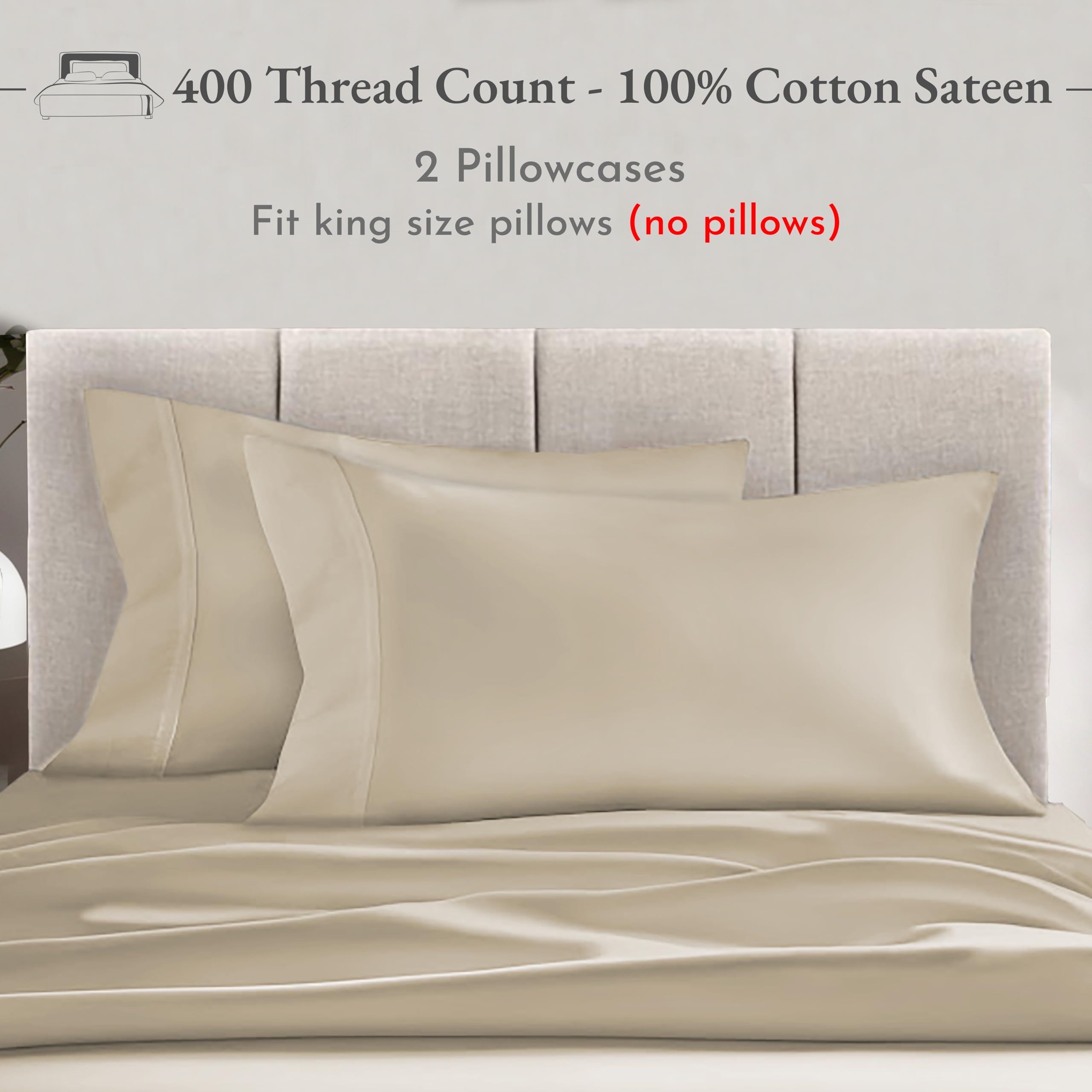 California Design Den Cotton King Pillowcase Set - 400 Thread Count, 100% Cotton Pillowcases, Set Of 2 Pillow Covers, Breathable, Cooling, Soft For Quality Sleep - Beige