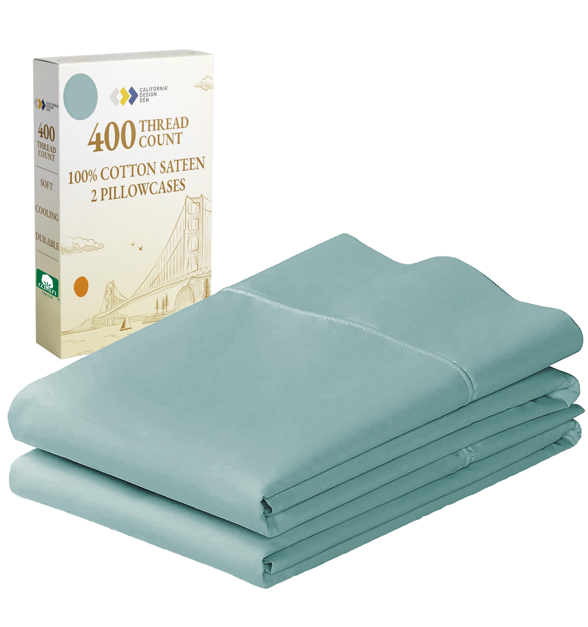 Standard Queen Size Pillowcase Set - 400 Thread Count, 100% Cotton Sateen, Set Of 2 Pillow Covers, Breathable, Cooling, Extra Soft Pillowcases For Kids, Teens, Women & Men - Teal