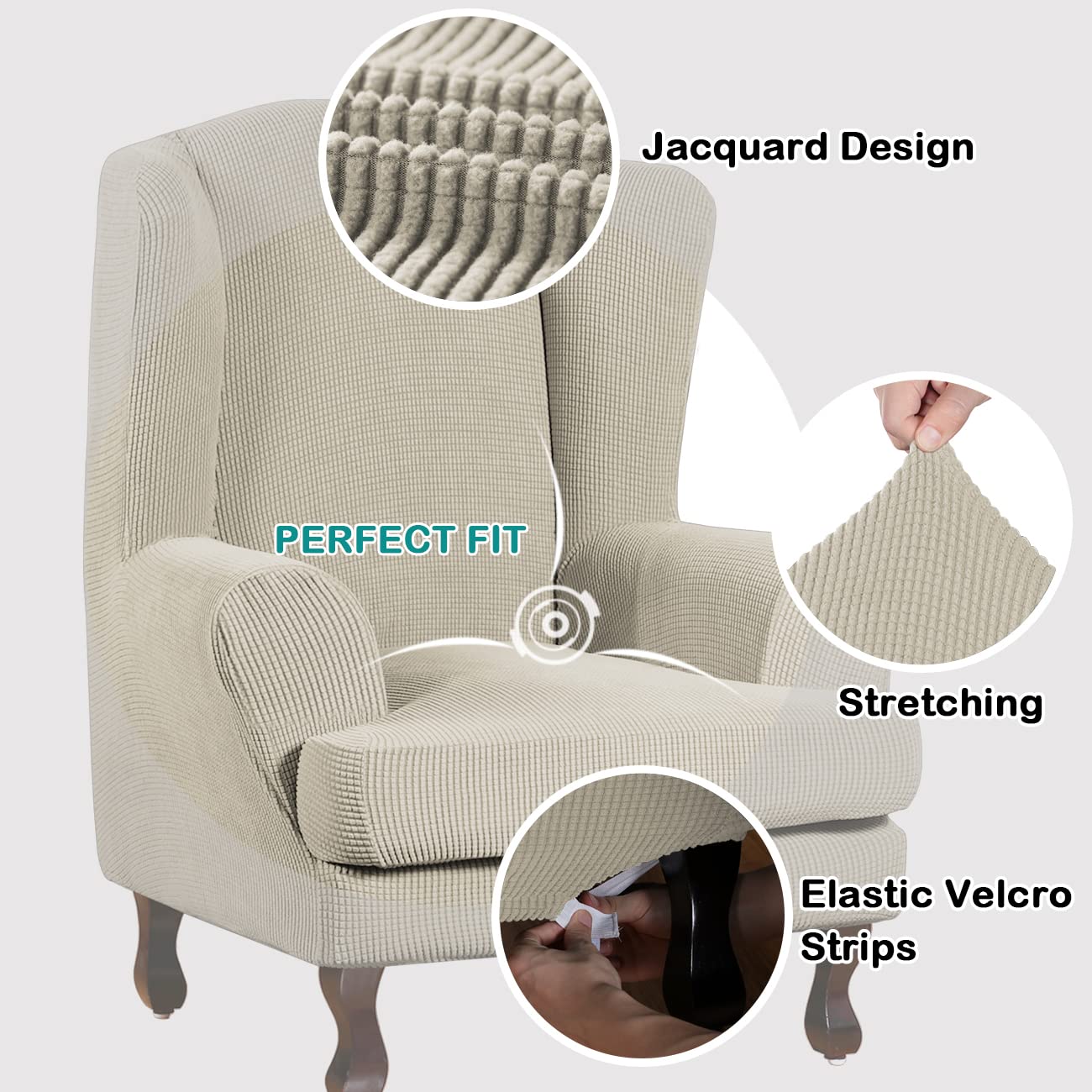 Turquoize Wingback Chair Covers 2 Piece Wing Chair Slipcover Stretch Slipcovers For Wingback Chairs Wing Chair Cover Spandex Jacquard Fabric With Elastic Bottom Non-Slip Furniture Cover, Island Fossi