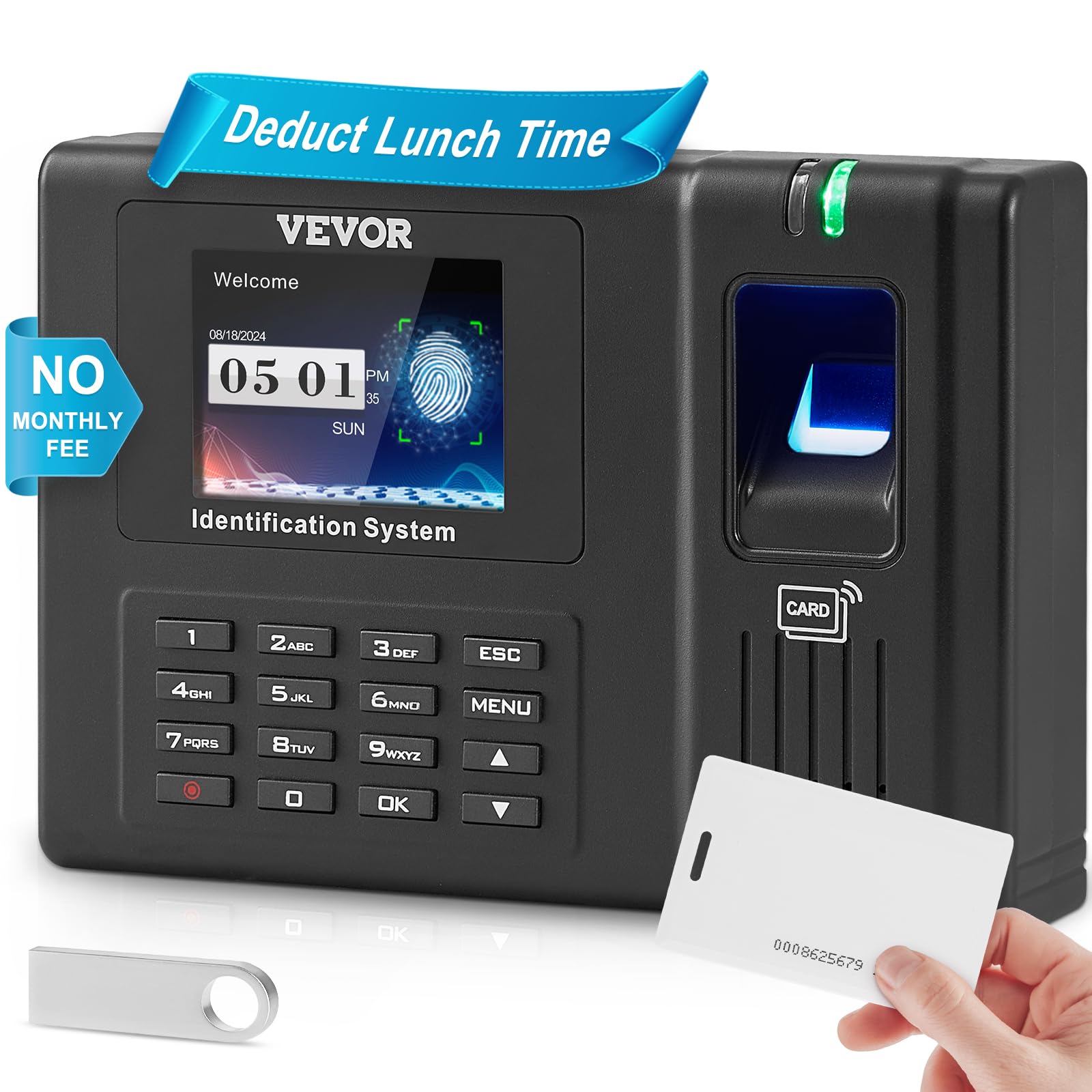Vevor Time Clock, Employee Attendance Machine With Fingerprint, Rfid And Pin Punching In One, Standalone Biometric Clock In Mach