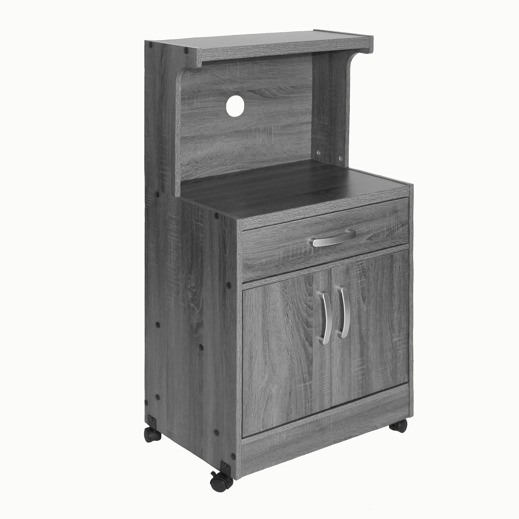 Shelby Kitchen Wooden Microwave Cart with One Drawer and Two Doors. Rolling Kitchen Cart (Grey), Easy Assembly.