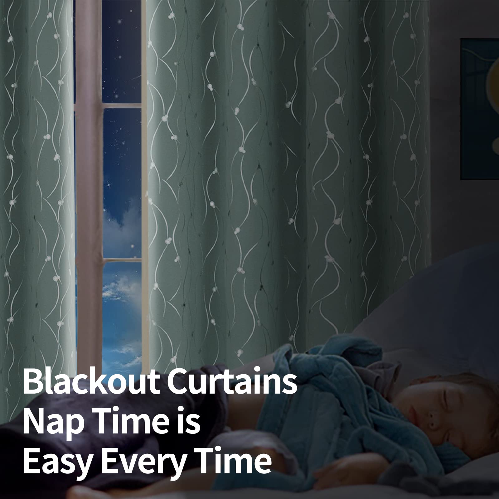Bgment Room Darkening Curtains 63 Inches Long, Grommet Thermal Insulated Blackout Curtains With Wave Line And Dots Printed For Bedroom, 2 Panels, Each 38 X 63 Inch, Frosty Green