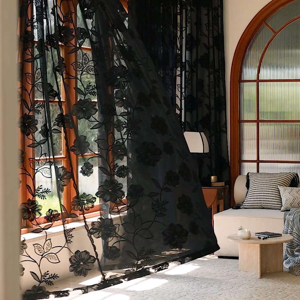 Treatmentex Black Lace Sheer Curtains For Bedroom Living Room 95 Inch Length Light Filtering Floral Knitted Semi Sheer Window Cu