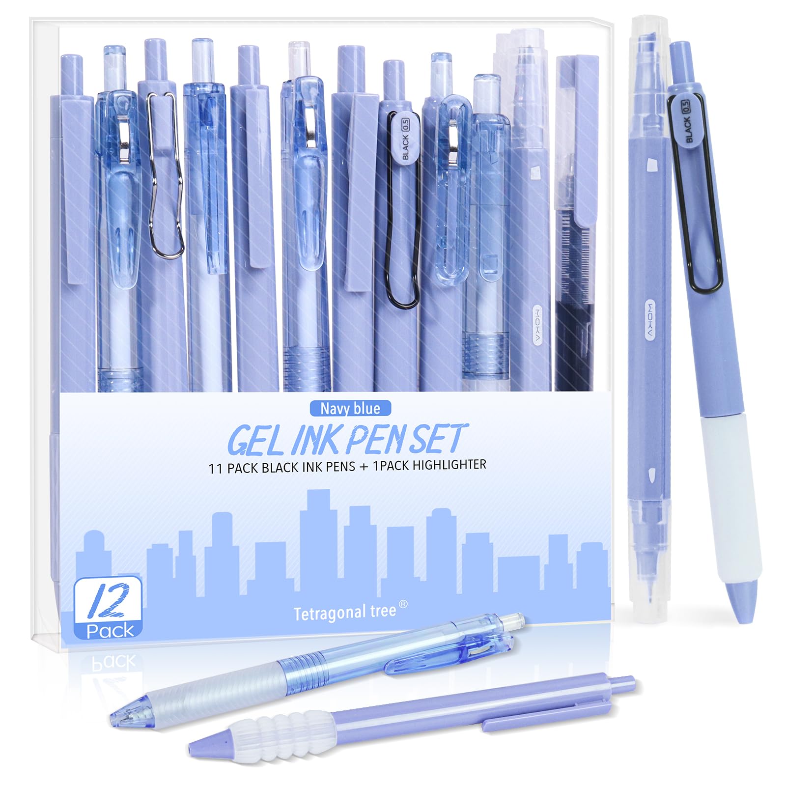 Tetragonal Tree- 12Pcs Gel Pens Set, 11Pcs Black Ink Pens And 1Pcs Highlighter, Retractable 0.5Mm Fine Point Cute Note Taking Pe