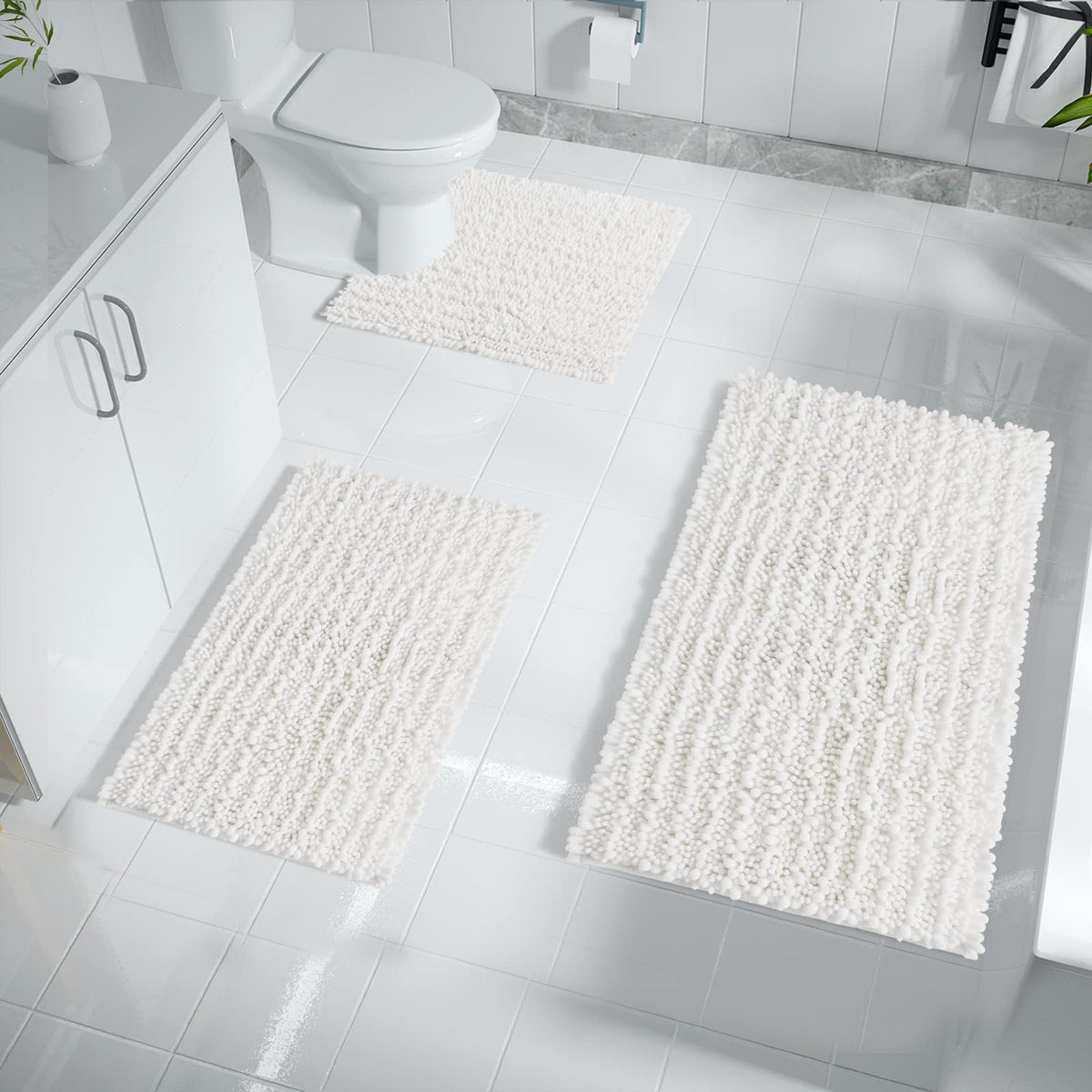 Yimobra Bathroom Rugs Sets 3 Piece, Fluffy Plush Chenille Baht Room Mats Sets with Toilet Rug U Shaped, Soft Shaggy Absorbent No