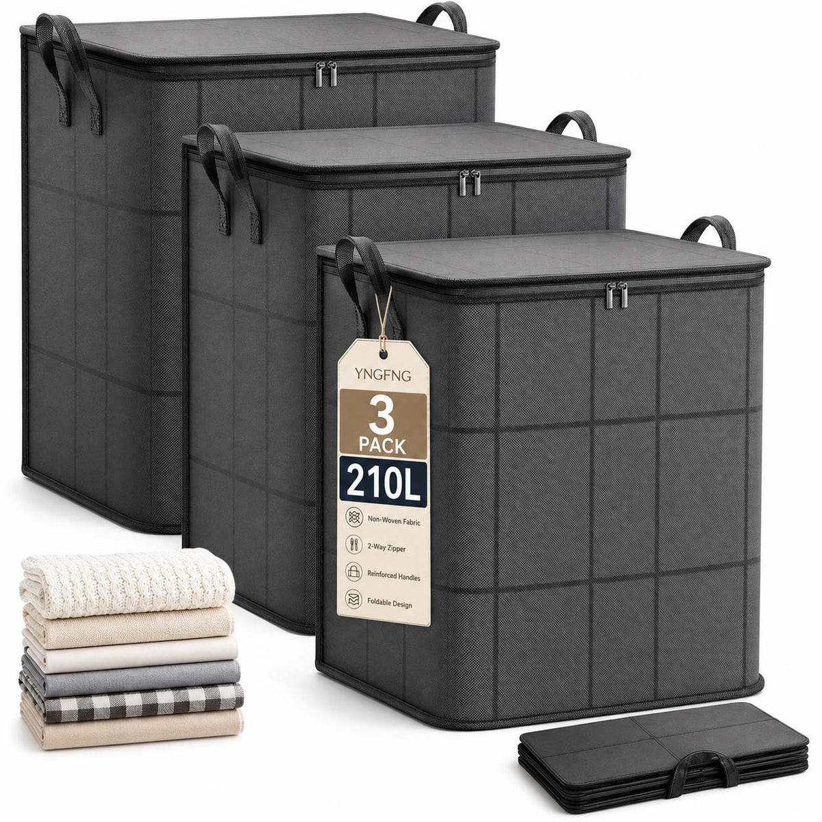 YNGFNG 210L Spacious Moving Storage Bin, Zippered Blanket Bag (210L,3)