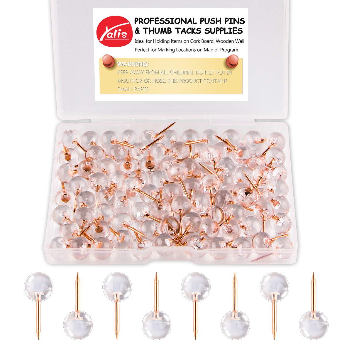 Yalis Push Pins 1/3 Inch Rose Gold Map Tacks 100-Count Large Size Pins Rose Gold Steel Point And Transparent Plastic Round Head