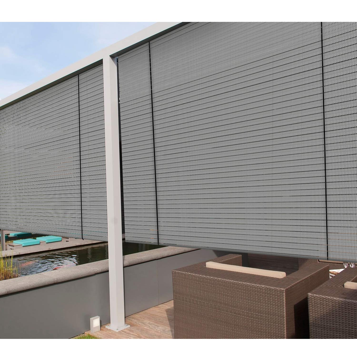 Coarbor Outdoor Roll Up Shades Blinds For Pergola Porch Balcony Deck Roller Shade Screen 4'W X 11'L Hollow Out Light Grey