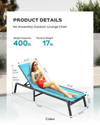 Aluminum Chaise Lounge Ourdoor - Foldable & Assemble Free Outdoor Lounge Chair With 5 Adjustable Backrest, Patio Lounge Chair For Outside Poolside Beach Pool, Lake Blue