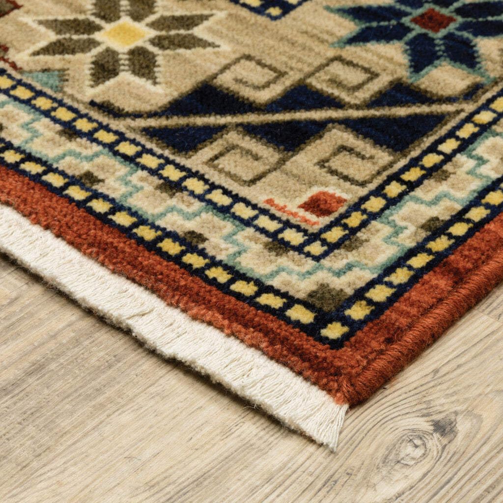 HomeRoots 509258 6 x 9 ft. Red Gold Blue Brown Oriental Power Loom Stain Resistant Rectangle Area Rug with Fringe