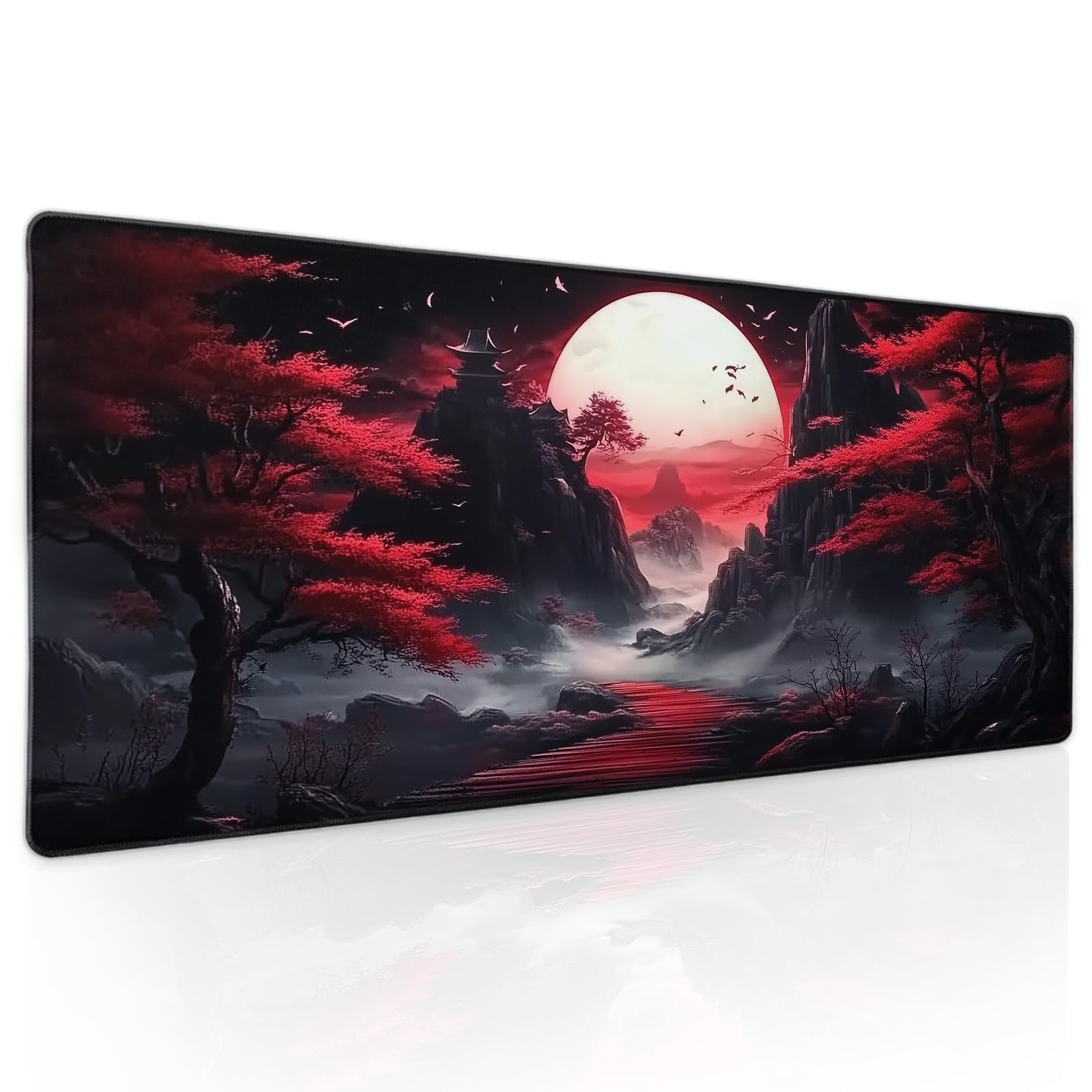 Black Red Japanese Mouse Pad Xl Moon Sakura Cherry Bloosm Tree Extended Table Mat 80X30 Cm Non-Slip Rubber Base Stitched Edge La