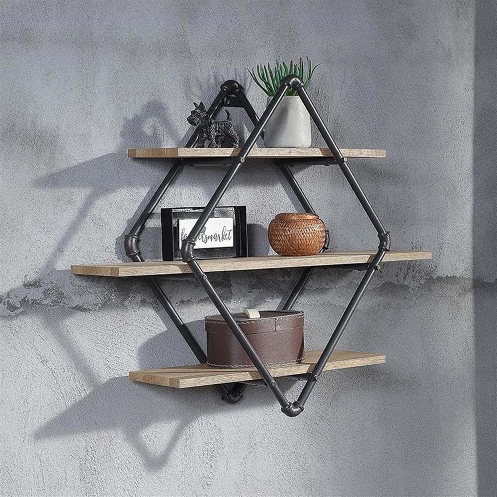 Acme Brantley Wall Rack with 3 Wooden Shelves in Oak and Sandy Black