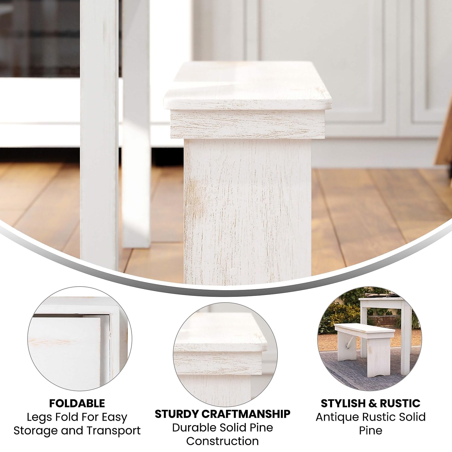 Flash Furniture Hercules Series 40&quot; X 12&quot; Antique Rustic White Solid Pine Folding Farm Bench