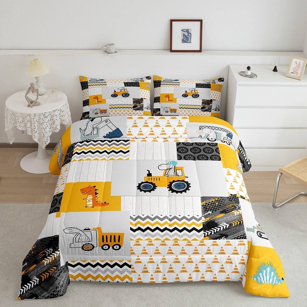 Construction Comforter Set Full Size Kids Cartoon Car Excavator Tractor Toddler Comforter Equipment Trucks Plaid Grid Yellow Com