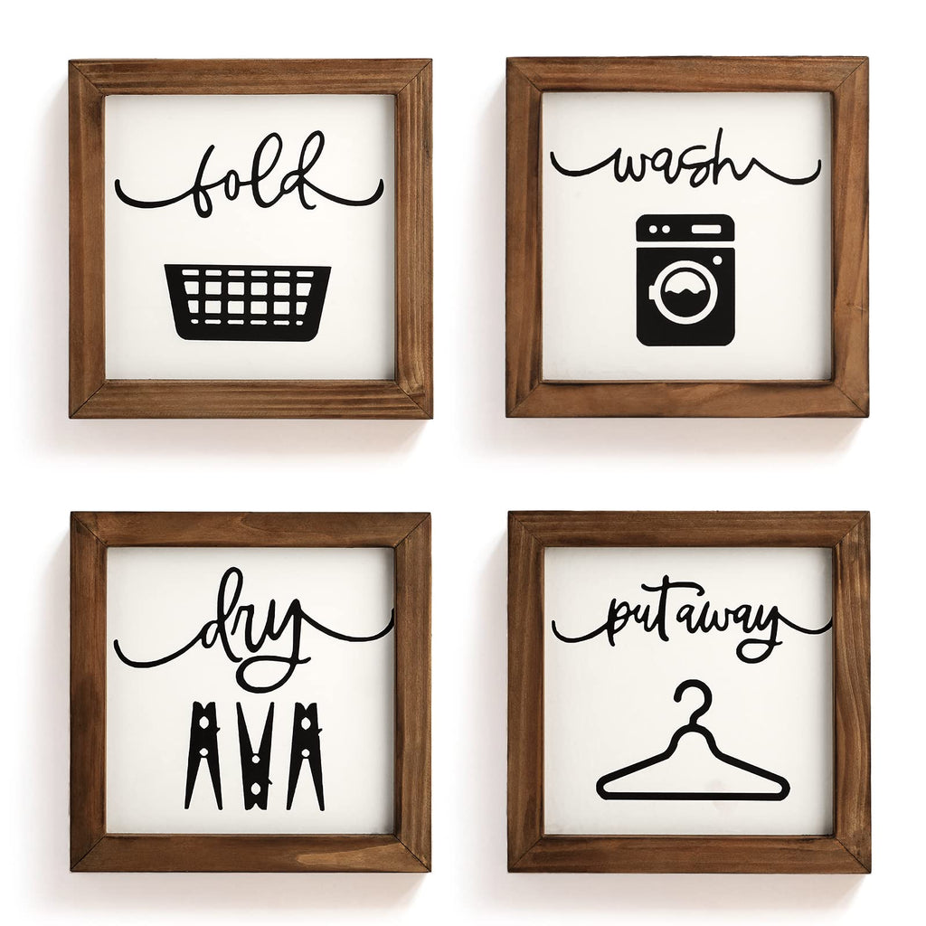 Laundry Room Decor for Wall Farmhouse Laundry Signs Set of 4 Wash Dry Fold Put Away Rustic Laundry Decor for Laundry Room Shelf 