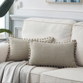 Fancy Homi Pack Of 2 Boho Neutral Taupe Lumbar Decorative Throw Pillow Covers With Pom-Poms, Soft Corduroy Solid Rectangle Cushi