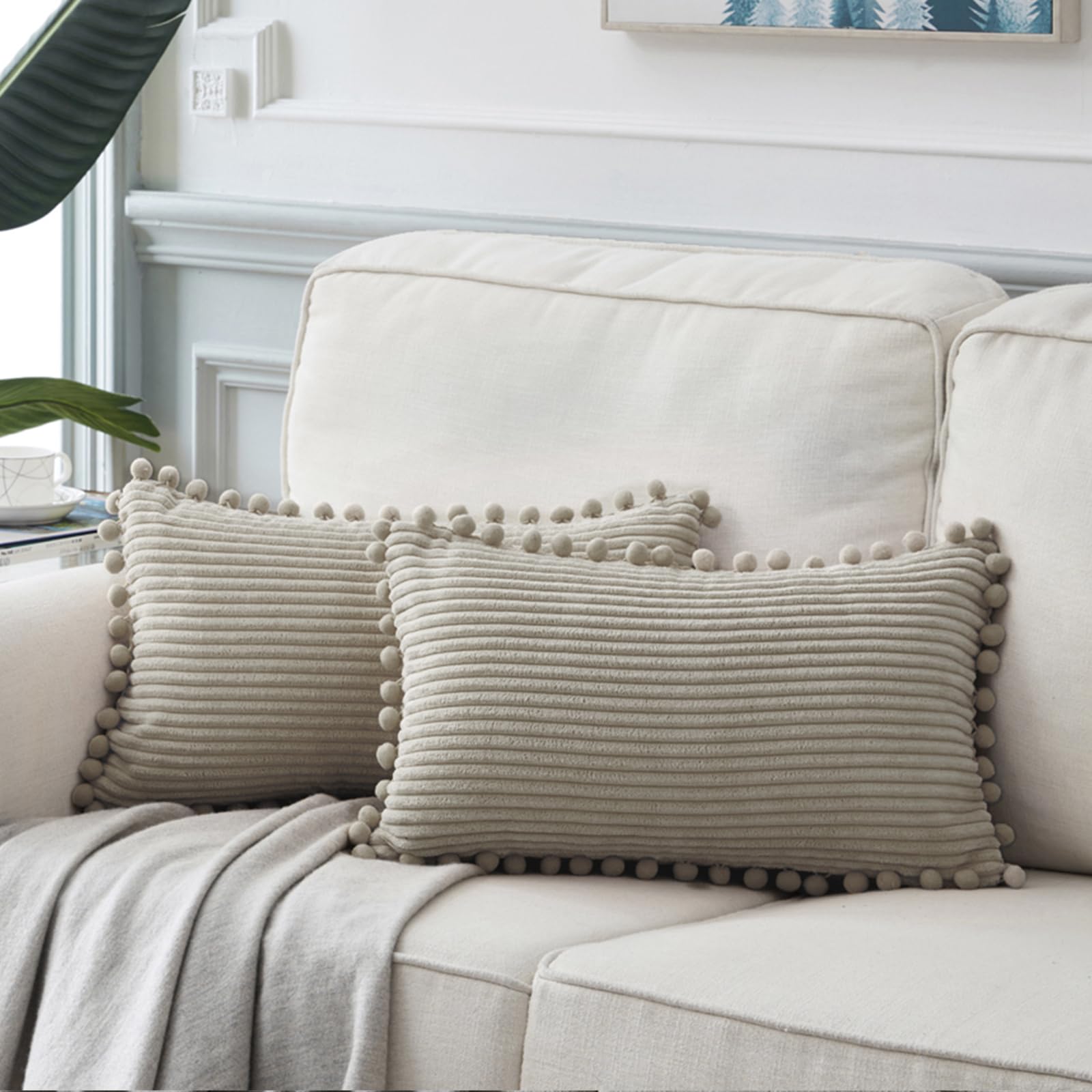 Fancy Homi Pack Of 2 Boho Neutral Taupe Lumbar Decorative Throw Pillow Covers With Pom-Poms, Soft Corduroy Solid Rectangle Cushi