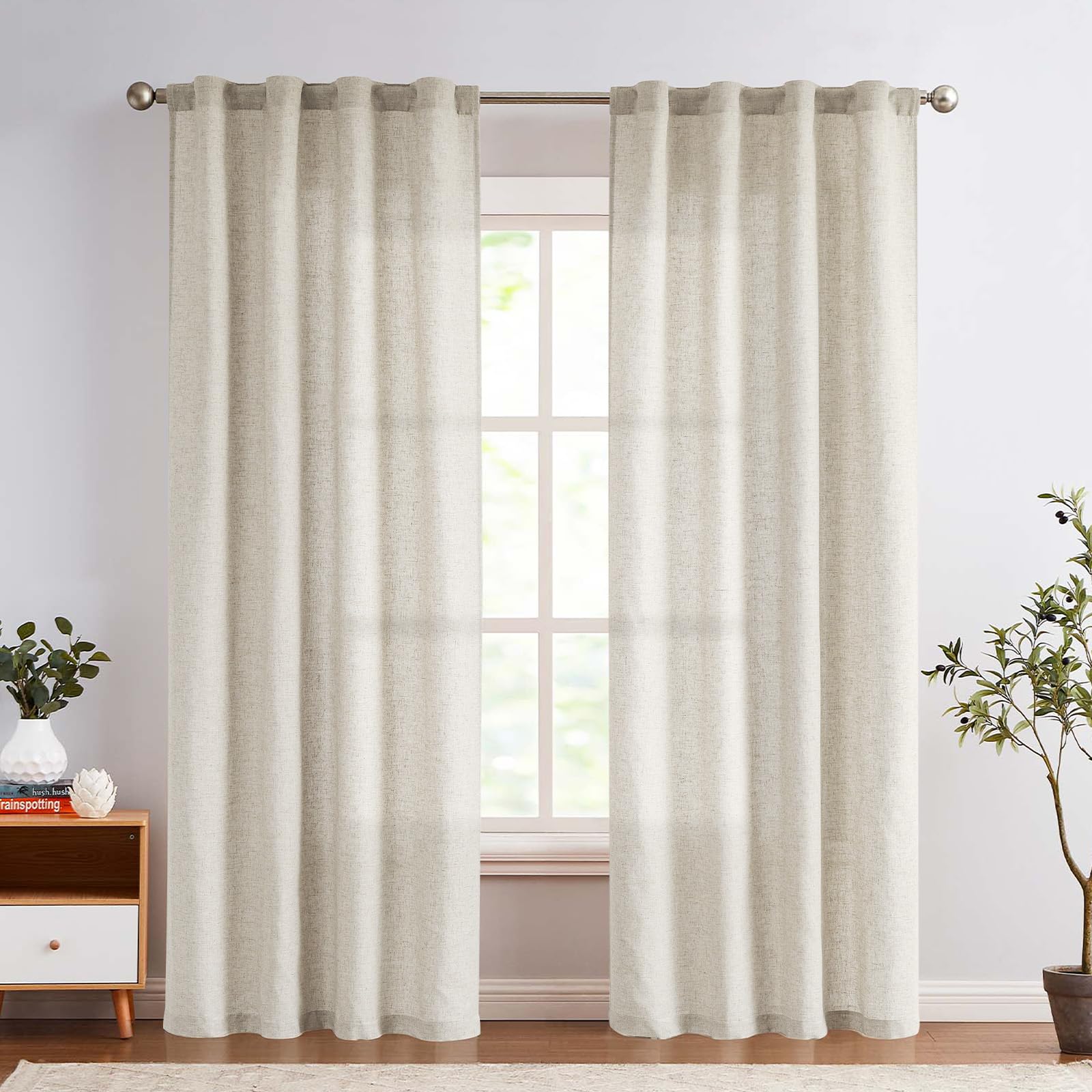 Jinchan Linen Blend Beige Curtains 84 Inches Length For Living Room Farmhouse Rod Pocket Back Tab Light Filtering Window Drapes For Bedroom Curtain Set 2 Panels Crude