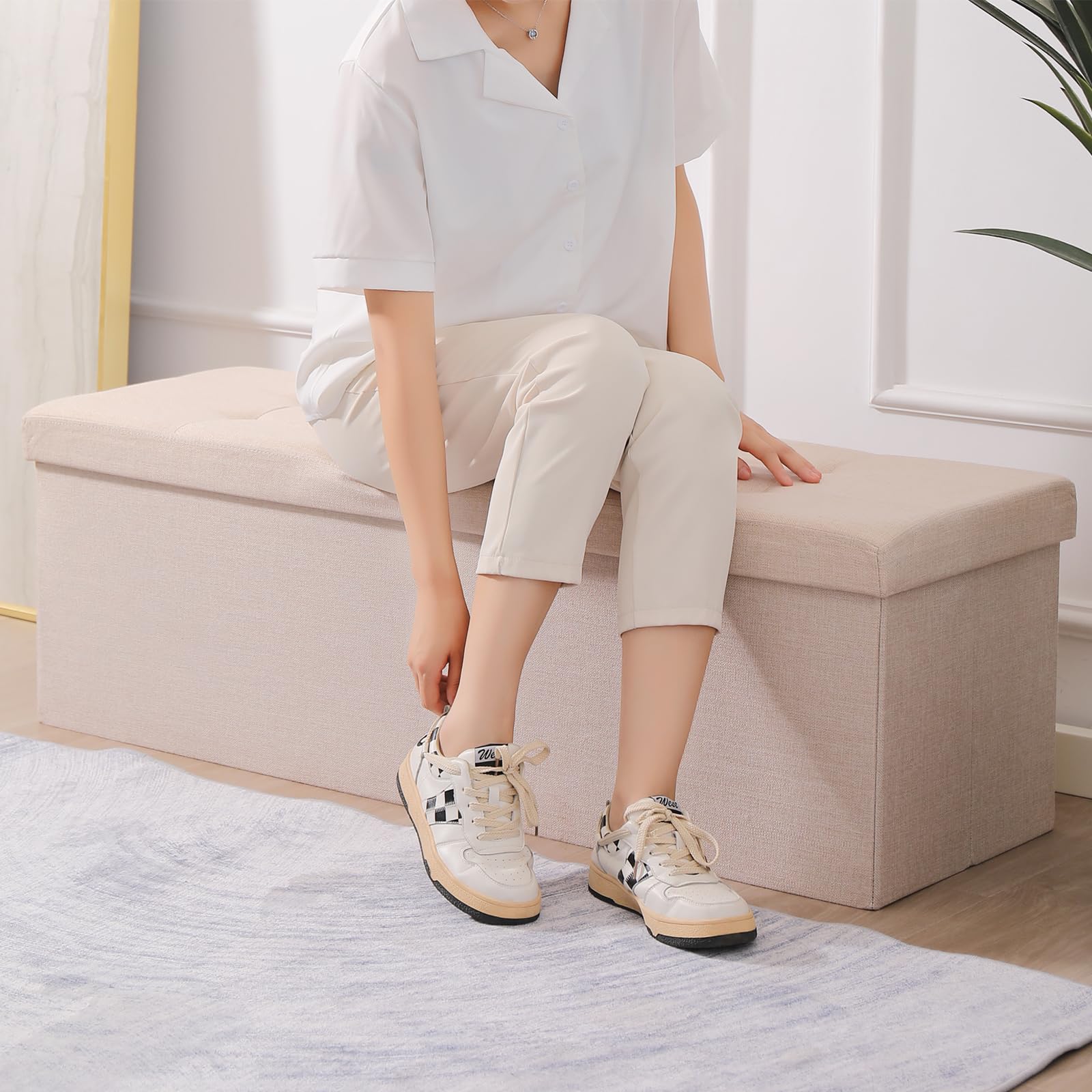 Cuyoca 45.3 Inches Storage Ottoman Bench Foldable Seat Footrest Shoe Bench End Of Bed Storage With Flipping Lid, 166L Storage Space, Linen Fabric Navy