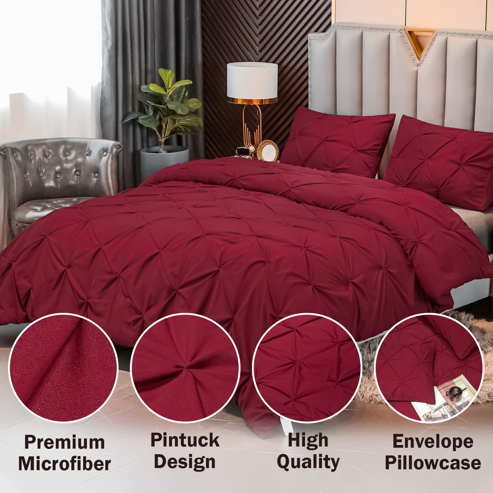 Andency Burgundy Comforter Set Full(79X90Inch), 3 Pieces(1 Pintuck Comforter And 2 Pillowcases) All-Season Pinch Pleat Comforter Set, Soft Lightweight Microfiber Bedding Comforter Set
