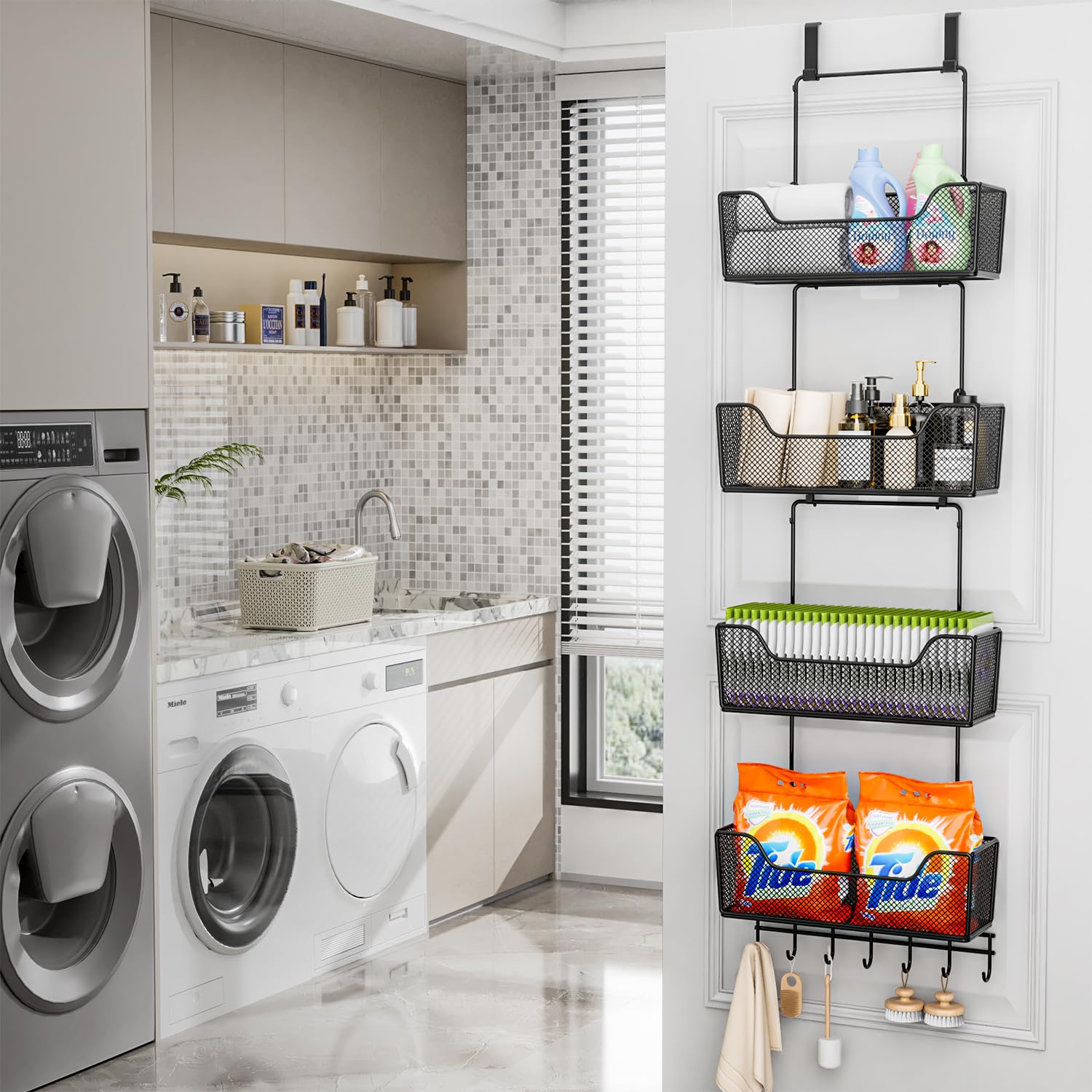 Hapirm Over The Door Organizer - Hanging Door Organizer With 4 Metal Large Capacity Baskets And Adjustable Coat Hook, Behind Doo