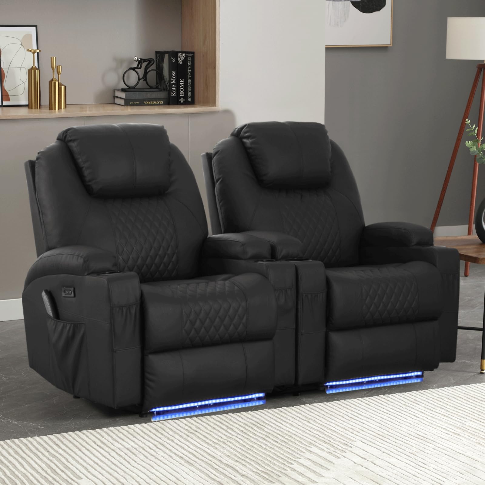 Power Recliner Chairs For Adults - Home Theater Seating With Heat And Massage - Leather Recliner With Cup Holder,Led Lights,Usb,