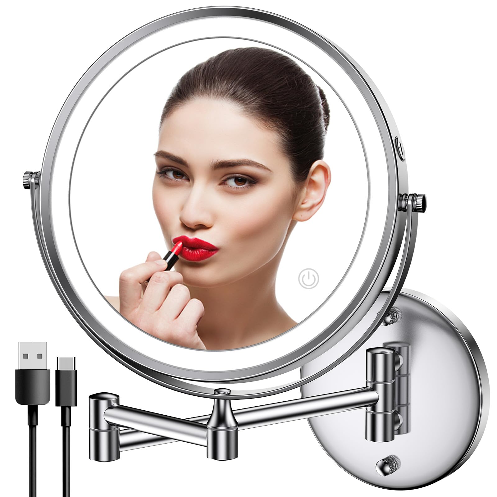 Rocollos Rechargeable Wall Mounted Lighted Makeup Mirror, 8 Inch Double-Sided LED Vanity Mirror 1X/7X Magnification,3 Color Ligh
