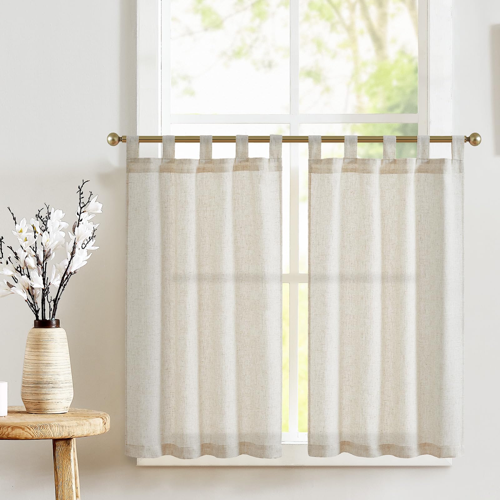 jinchan Beige Kitchen Curtains 24 Inch Linen Tier Curtains Farmhouse Tab Top Cafe Curtains Small Window Curtains Flax Country Ru