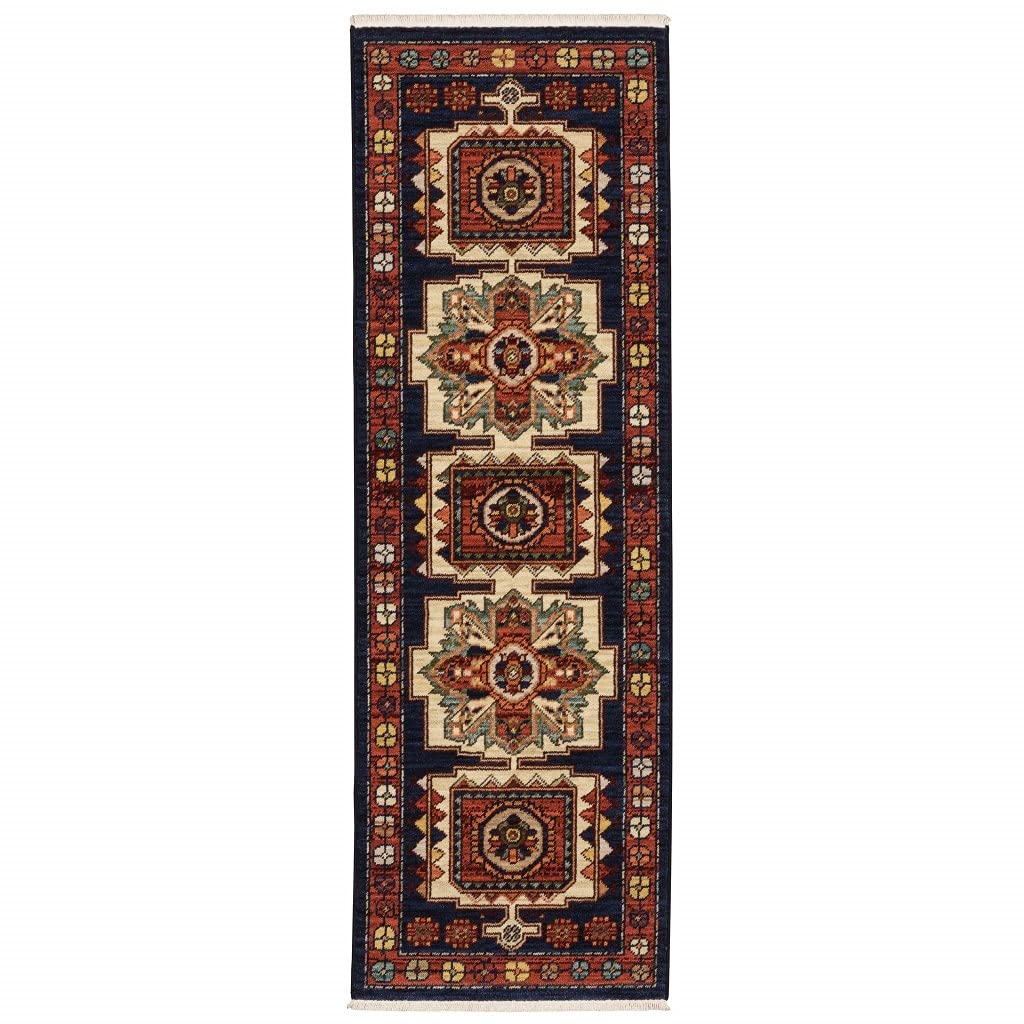 HomeRoots Wool, Nylon 6' Red Blue Machine Woven Oriental Indoor Runner Rug