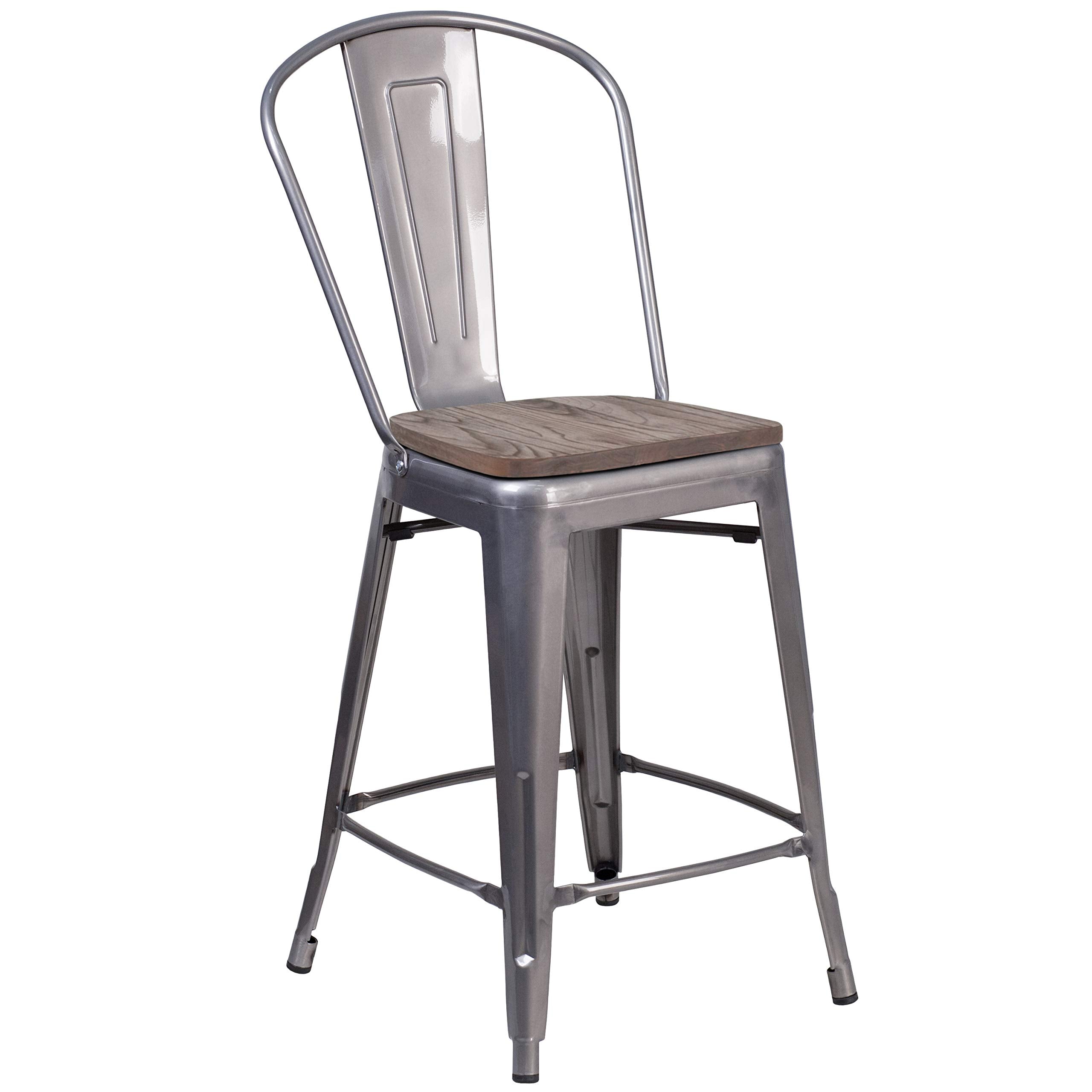 Flash Furniture 24' High Clear Coated Counter Height Stool With Back And Wood Seat