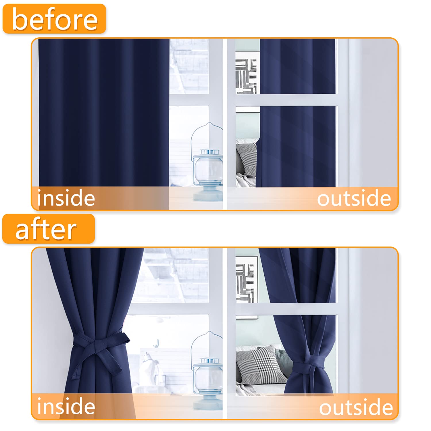 Hiasan Blackout Curtains For Bedroom, 38 X 84 Inches Long - Thermal Insulated & Light Blocking Window Curtains For Living Room, 2 Drape Panels Sewn With Tiebacks, Navy Blue