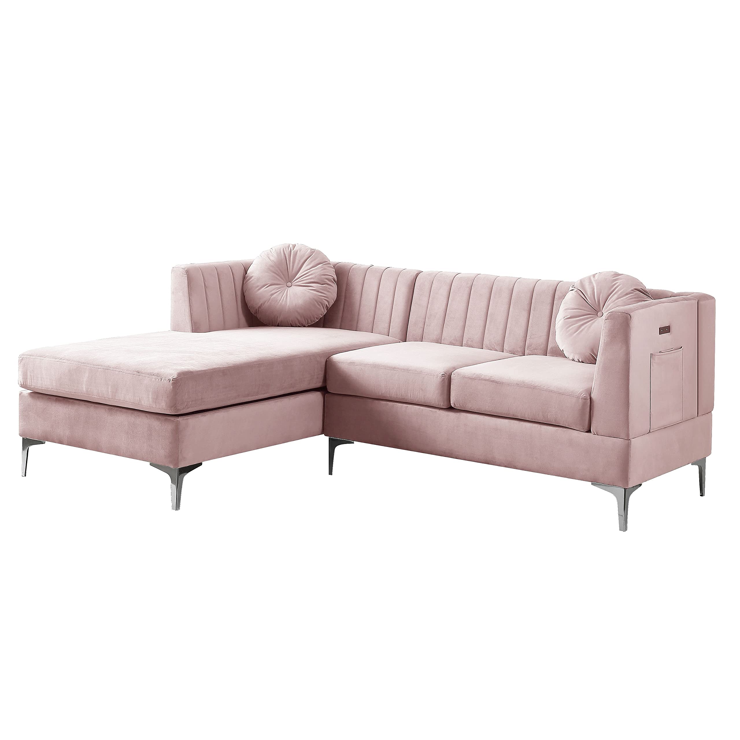 Lilola Home Chloe Pink Velvet Sectional Sofa Chaise with USB Charging Port