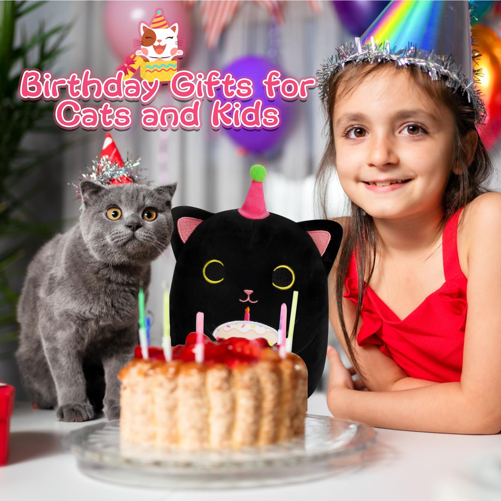 Kophinye Black Cat Plush, 8 Inch Birthday Cat Stuffed Animal Happy Birthday Plush Cute Cat Plush Pillow With Cake, Kawaii Cat Pl
