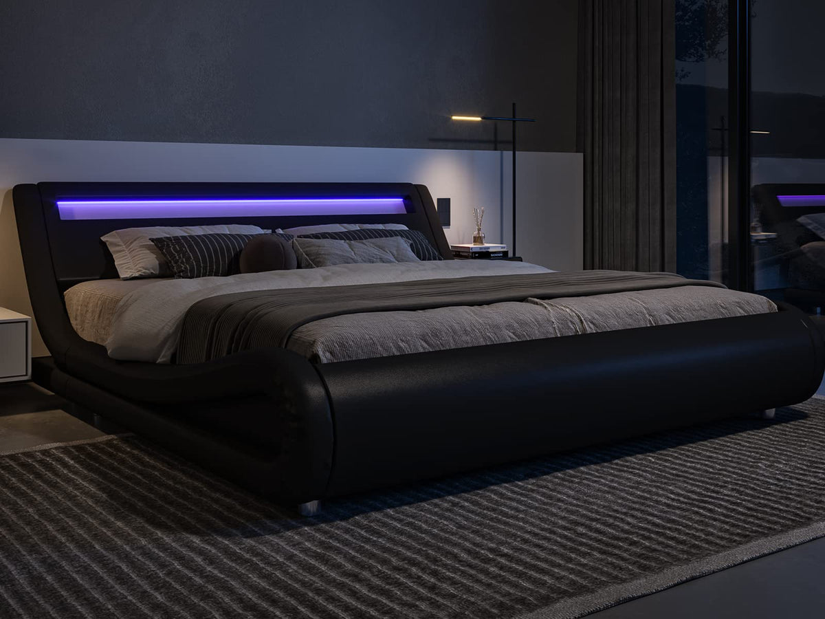 Allewie Queen Size Led Platform Bed Frame With Adjustable Headboard/No Box Spring Need/Easy Assembly/Faux Leather In Black