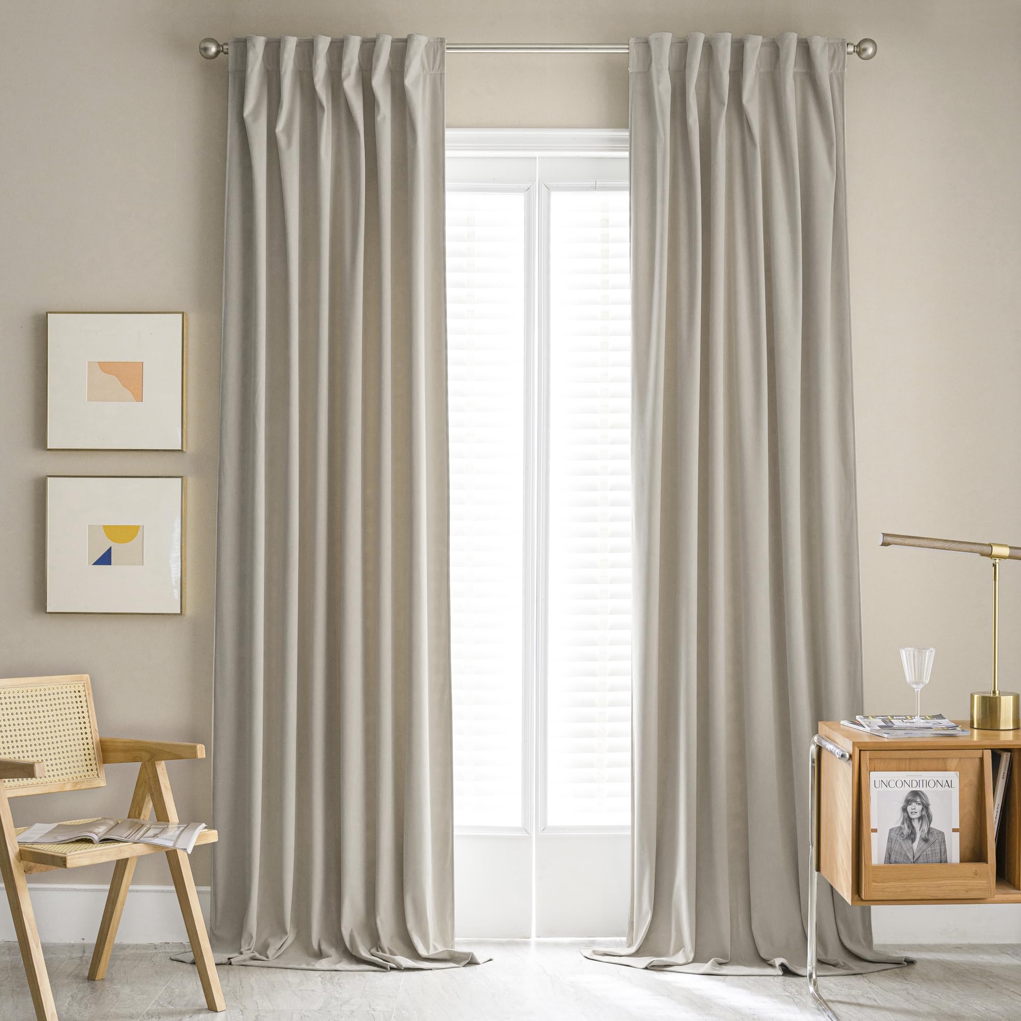 Mumfas Taupe Velvet Curtains For Bedroom 96 Inches Long 2 Panels Set - Light Khaki Room Darkening Long Curtains For Living Room