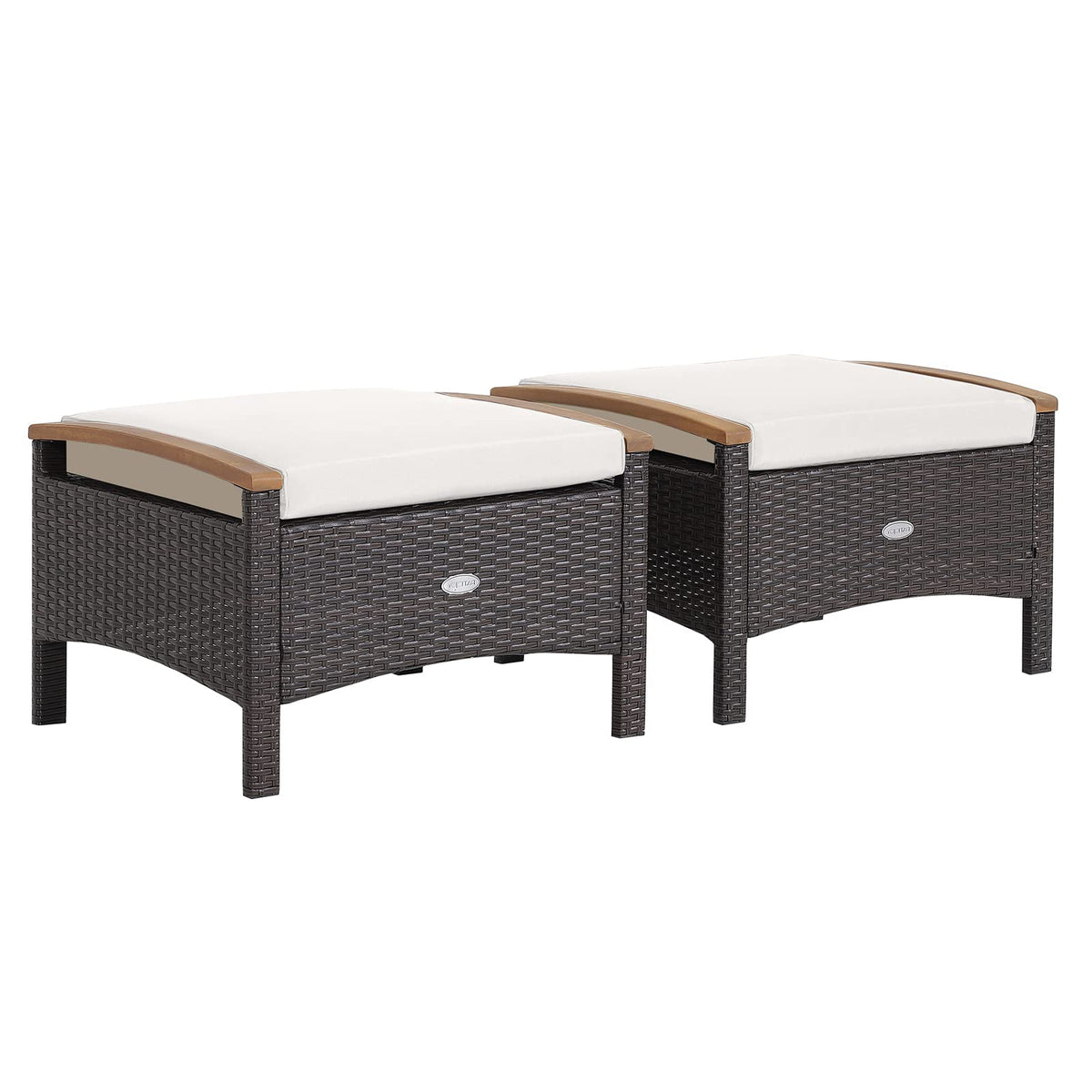 Tangkula 2 Piece Patio Rattan Ottomans, Outdoor Wicker Footstool W/Acacia Wood Handles, Soft Zippered Cushions, 3-In-1 Function Footstool Seat & Side Table For Backyard, Balcony, Poolside (Off White)