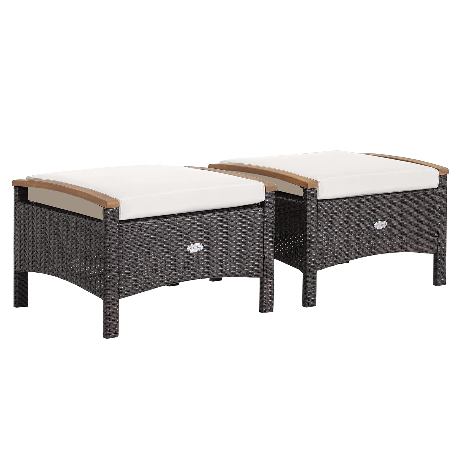 Tangkula 2 Piece Patio Rattan Ottomans, Outdoor Wicker Footstool W/Acacia Wood Handles, Soft Zippered Cushions, 3-In-1 Function Footstool Seat & Side Table For Backyard, Balcony, Poolside (Off White)