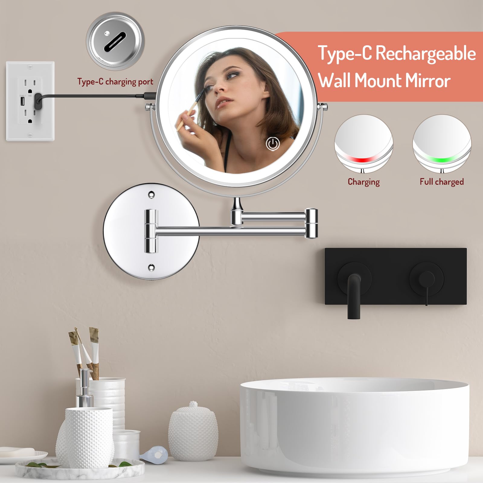 Rocollos Rechargeable Wall Mounted Lighted Makeup Mirror, 8 Inch Double-Sided Led Vanity Mirror 1X/7X Magnification,3 Color Ligh