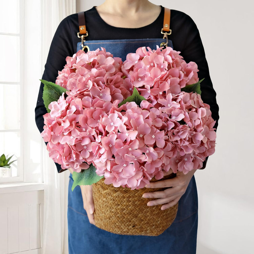 JINWOE 5Pcs 20Inch Large Pink Silk Hydrangea, Cameo Brown Lifelike Artificial Flower Heads with Stems Fake Hydrangeas Flowers fo