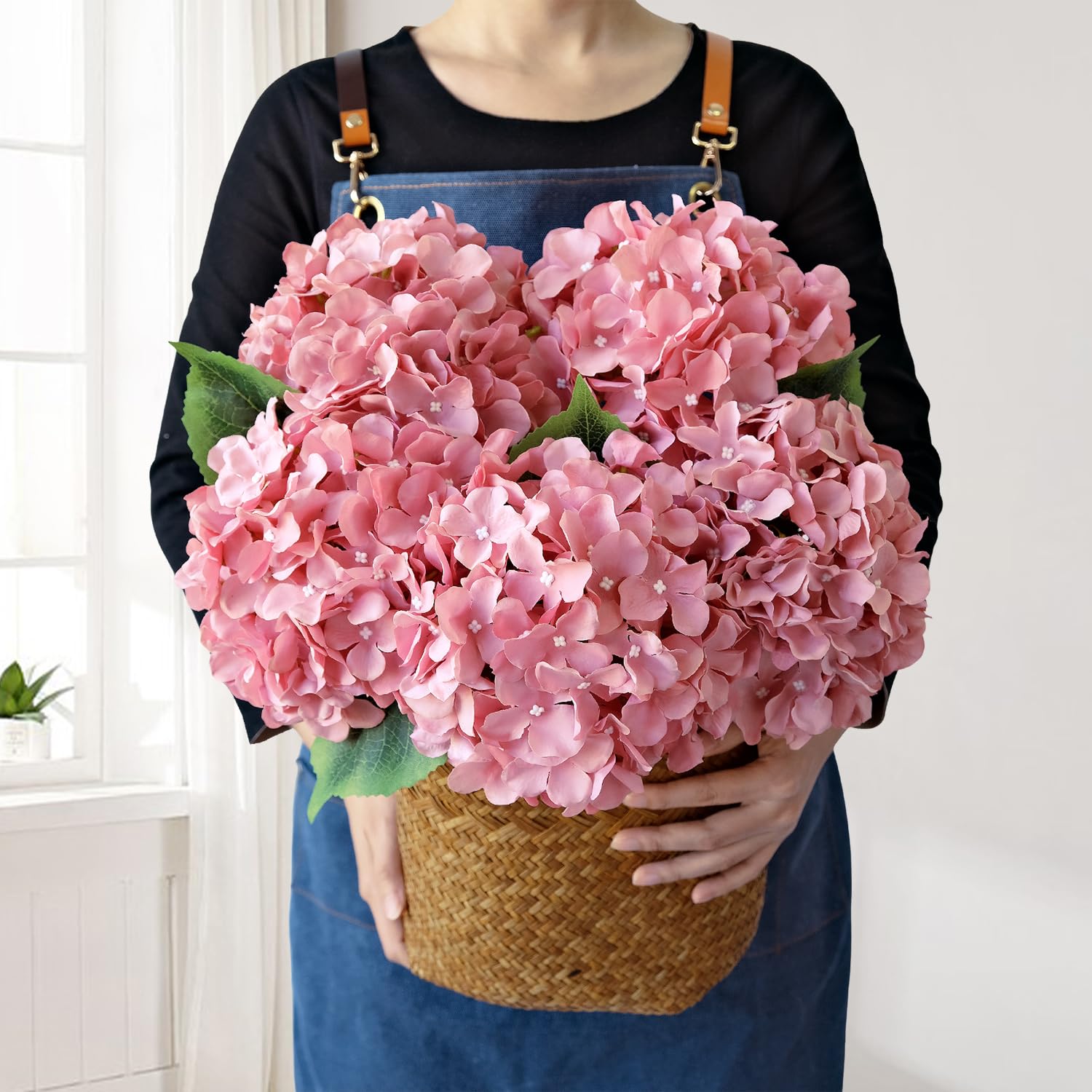 JINWOE 5Pcs 20Inch Large Pink Silk Hydrangea, Cameo Brown Lifelike Artificial Flower Heads with Stems Fake Hydrangeas Flowers fo