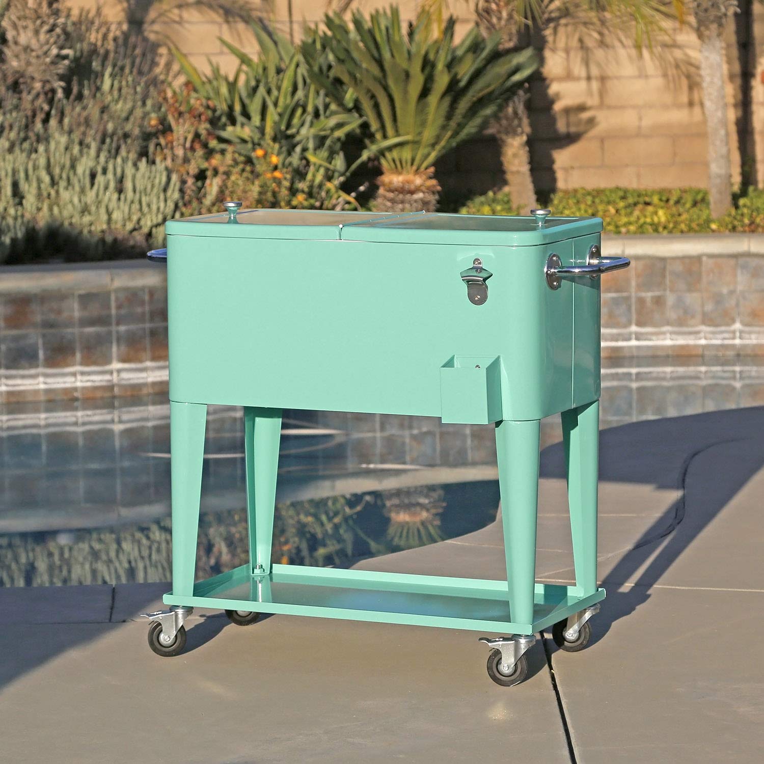 Homeaesthetics 80 Qt. Retro Rolling Cooler Ice Chest Cart With Shelf & Bottle Opener - Seafoam, Great For Outdoors, Patios, Deck