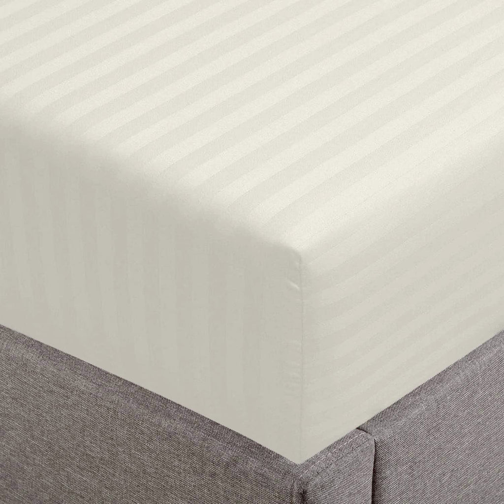 Feather & Stitch 100% Cotton 1 Piece Damask Stripe Full Fitted Sheet 500 Thread Count Beige 18 Inch Extra Deep Pocket Luxury Sateen Weave Stretchable Boxer Elastic Fits Mattress Perfectly