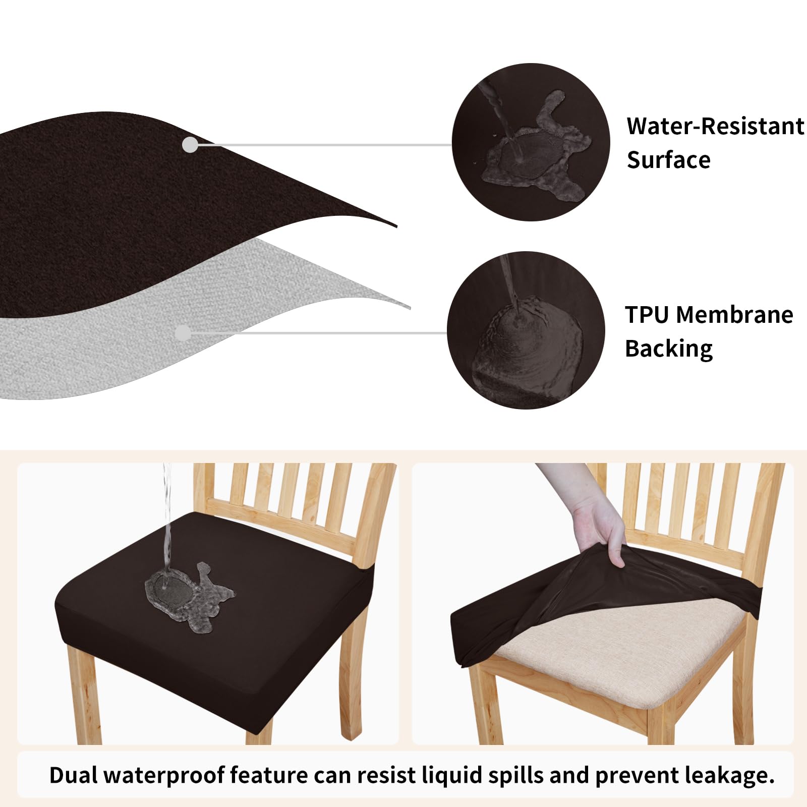 Easy-Going 100% Waterproof Seat Covers For Dining Room Chairs Set Of 2, Stretch Chair Seat Slipcovers Protector Removable And Washable Kitchen Dining Chair Covers, Chocolate