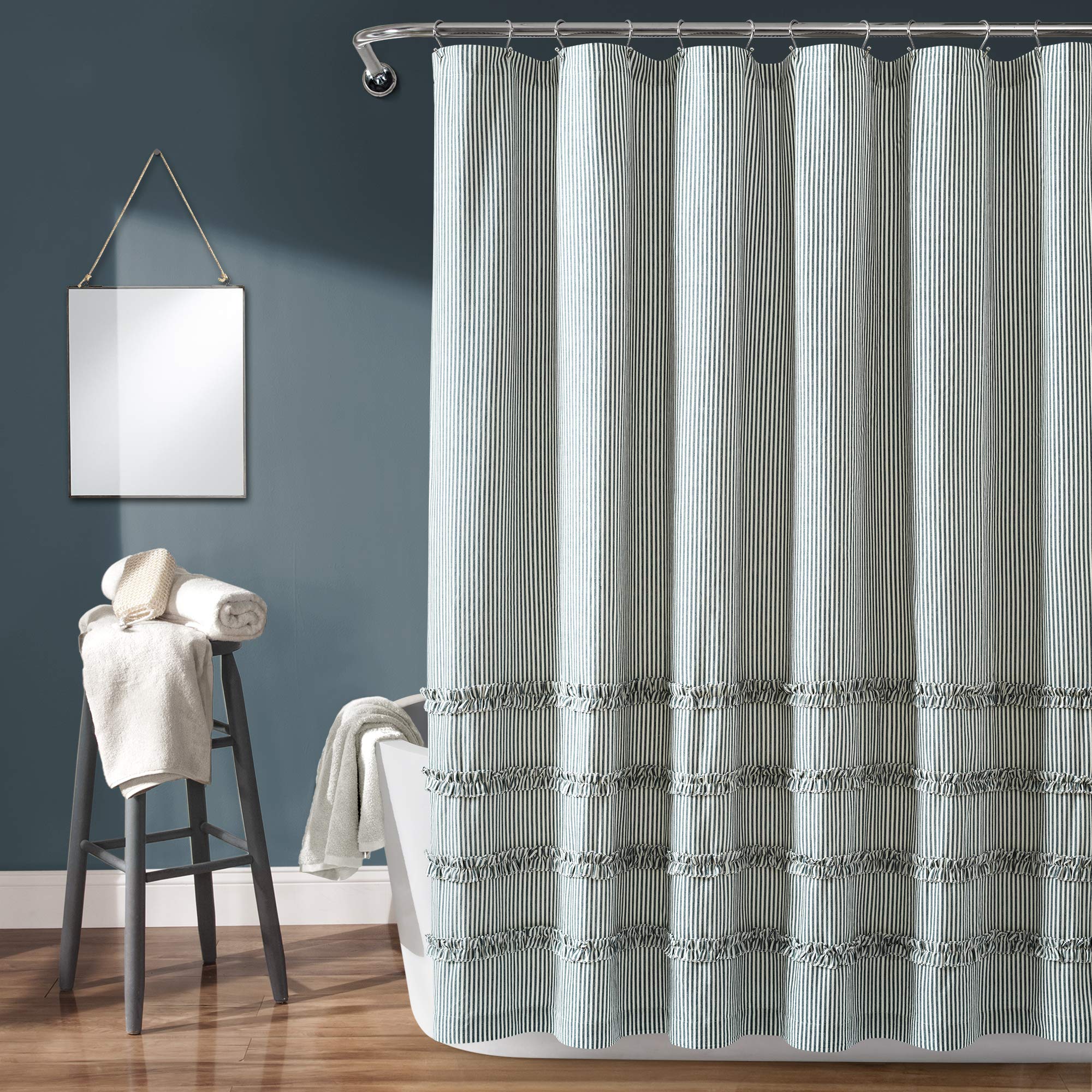 Lush Decor Vintage Stripe Yarn Dyed Cotton Shower Curtain, 72' X 72', Denim Blue